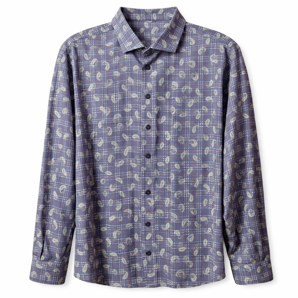 7 DOWNIE ST Comfort Stretch Button-Up Shirt Sz 2XL Check Paisley AOP Flip Cuff